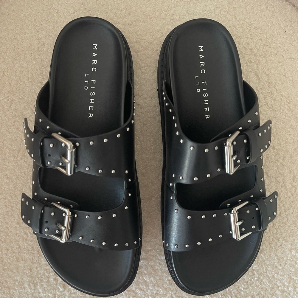 Marc Fisher Black Slide Sandals with Silver Accents